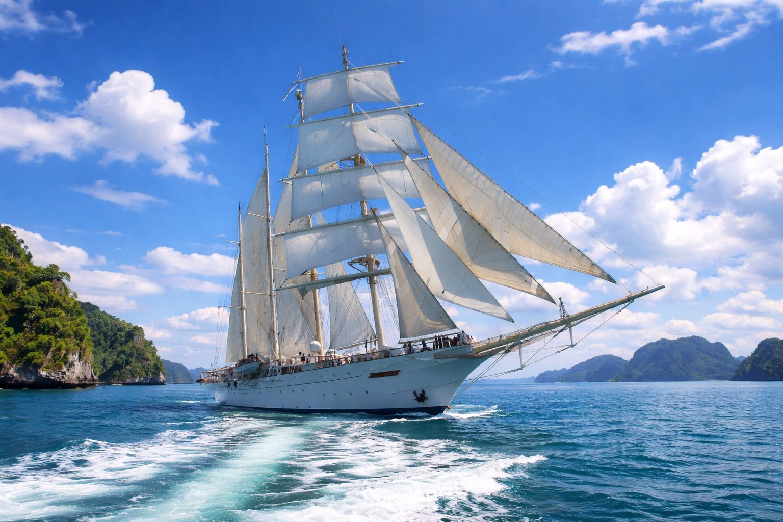 Star Flyer  im tropischen Meer mit weißen Segeln während einer Hundekreuzfahrt