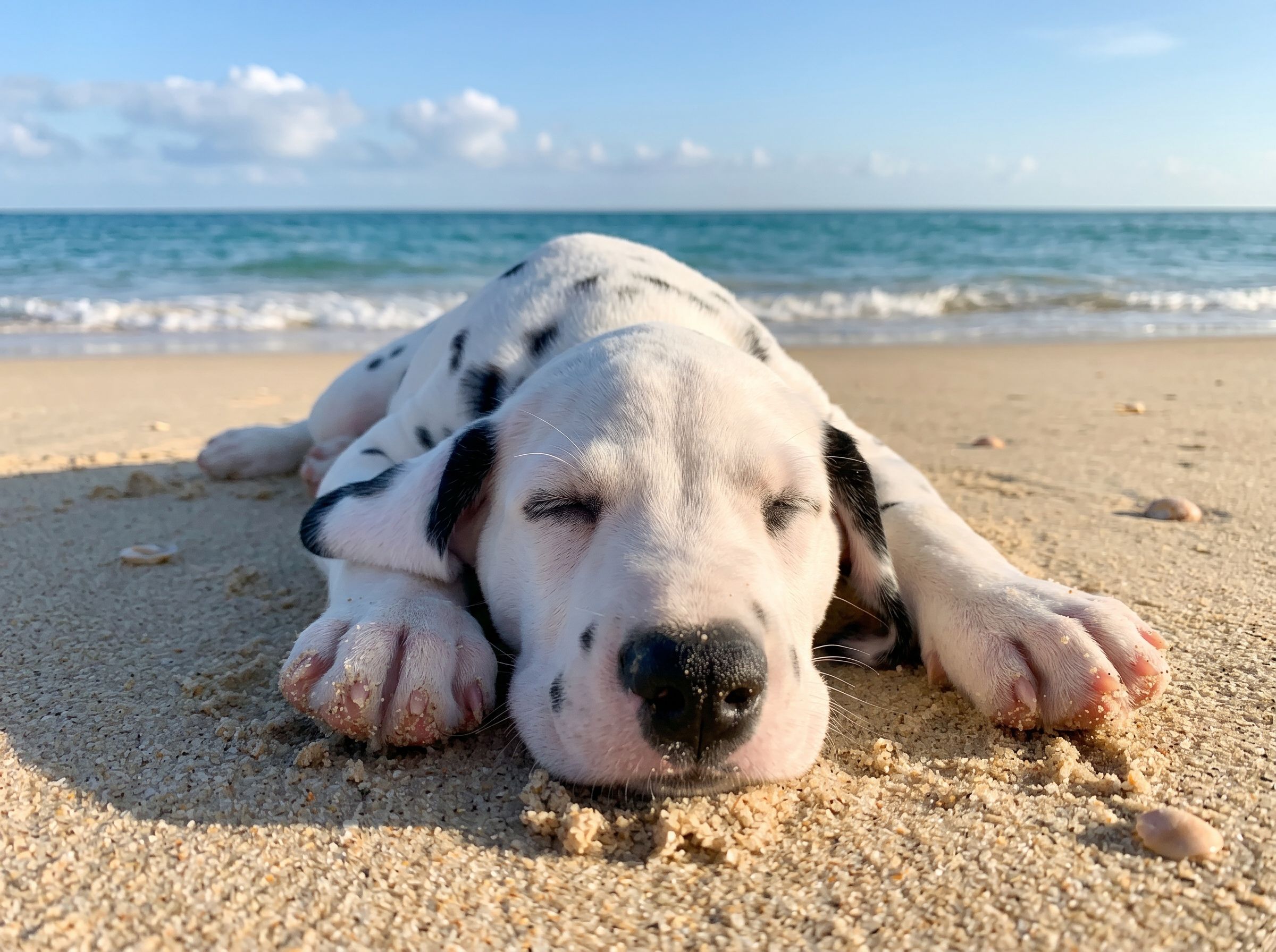 Dalamatiner Welpe schläft am Strand - Hund lieben Sandstrand und Meer