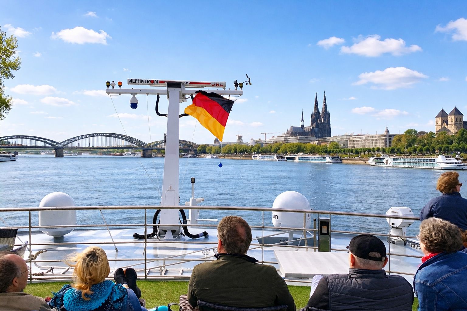 Gäste auf dem Deck eines Flusskreuzfahrtschiffs mit Blick auf den Kölner Dom und Rheinbrücke