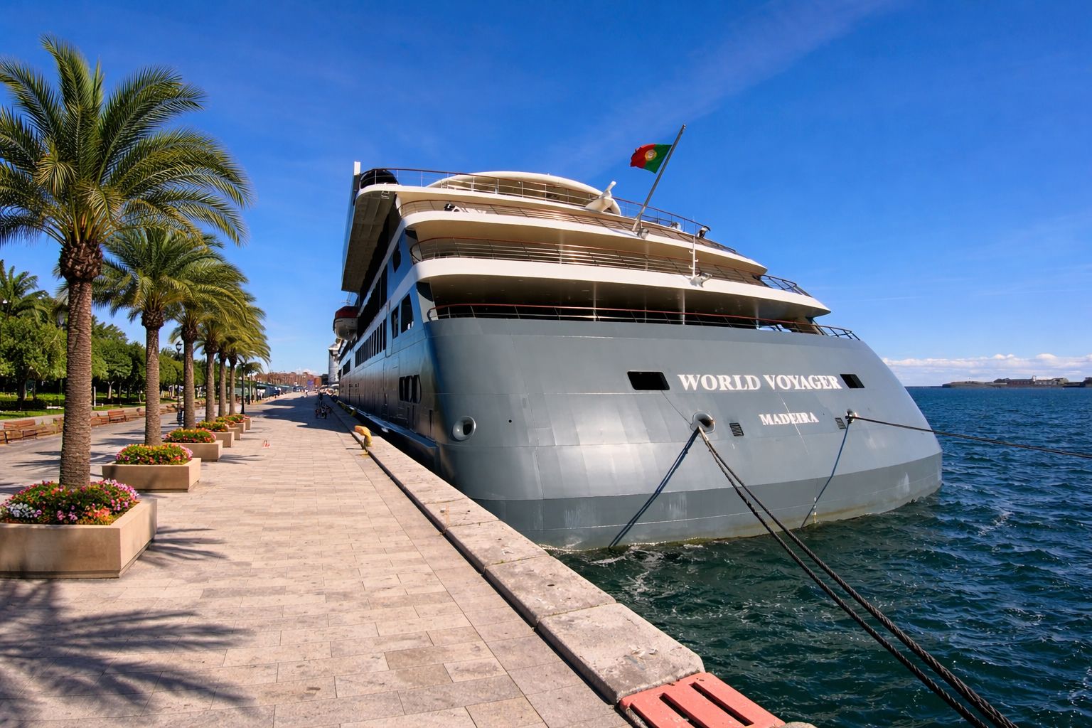 World Navigator Kreuzfahrtschiff im Hafen von Madeira mit Palmenpromenade und blauem Himmel
