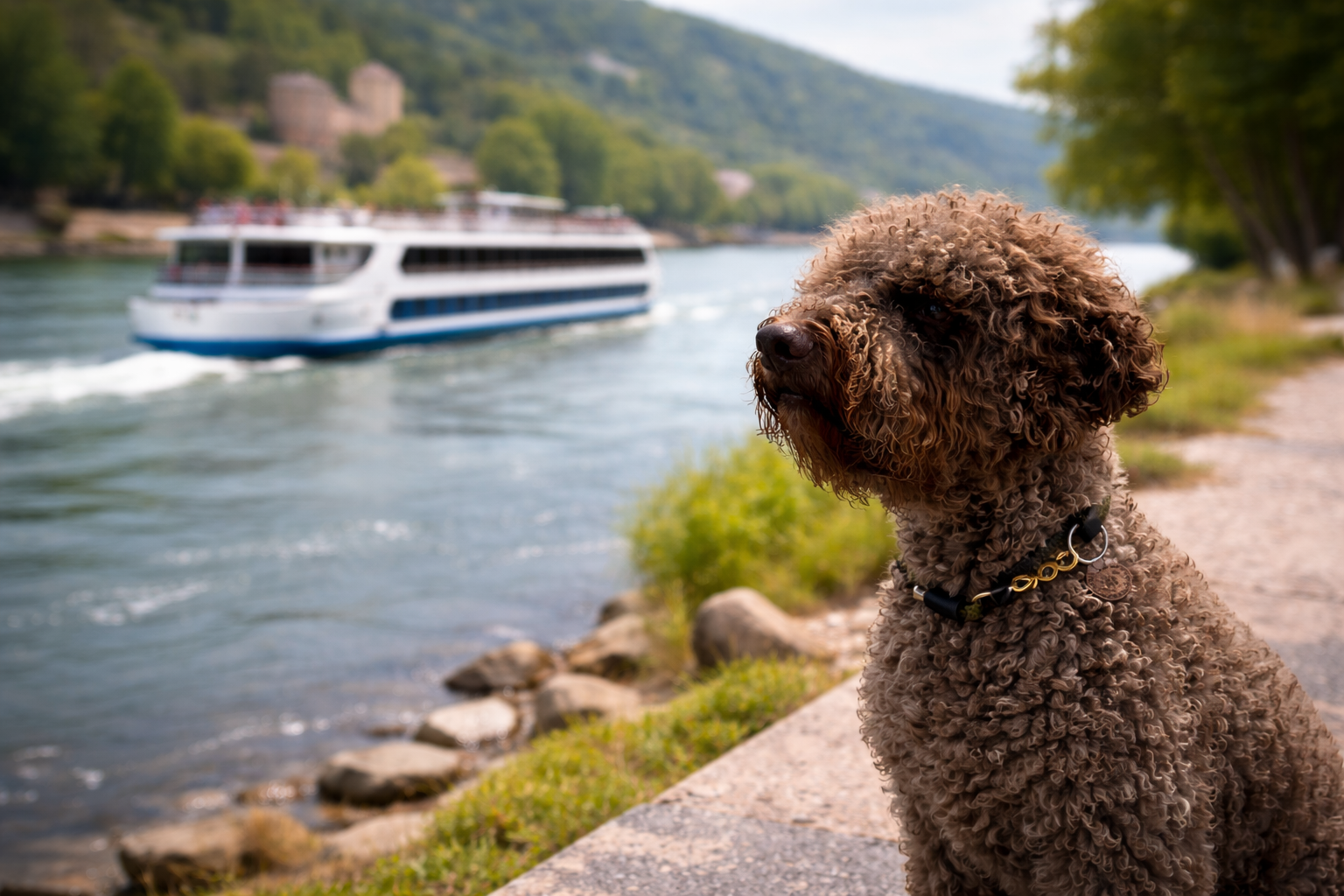 Lagotto sitzt am Ufer des Rheins während ein Flusskreuzfahrtschiff vorbeifährt
