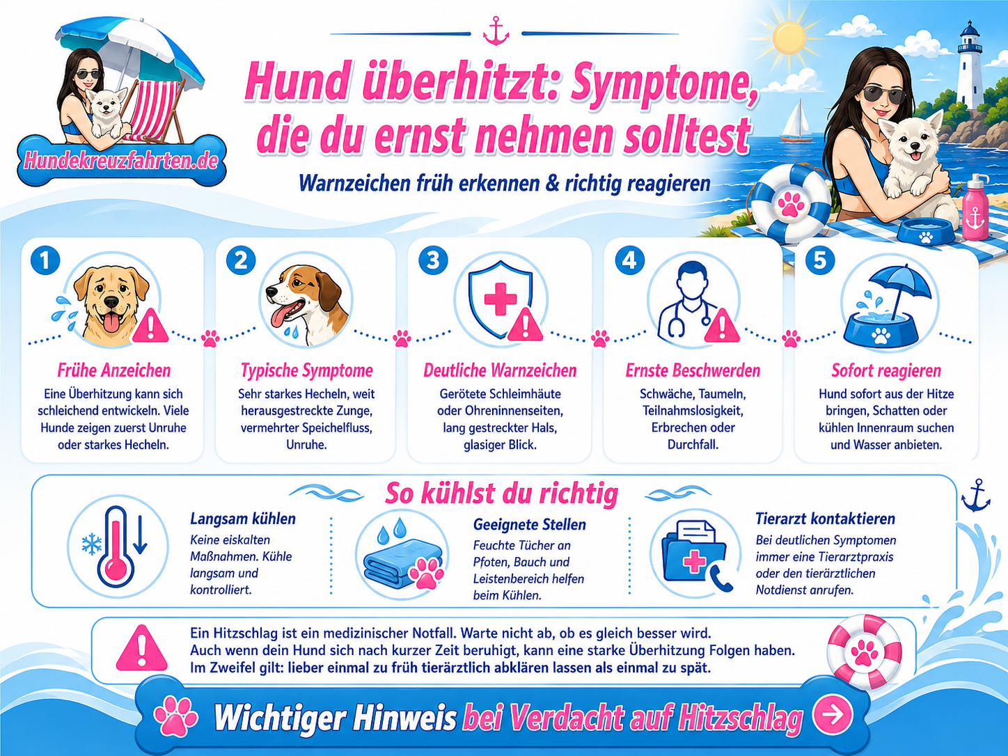 Infografik zu Hund überhitzt Symptome und Warnzeichen bei Hitzschlag auf Reisen