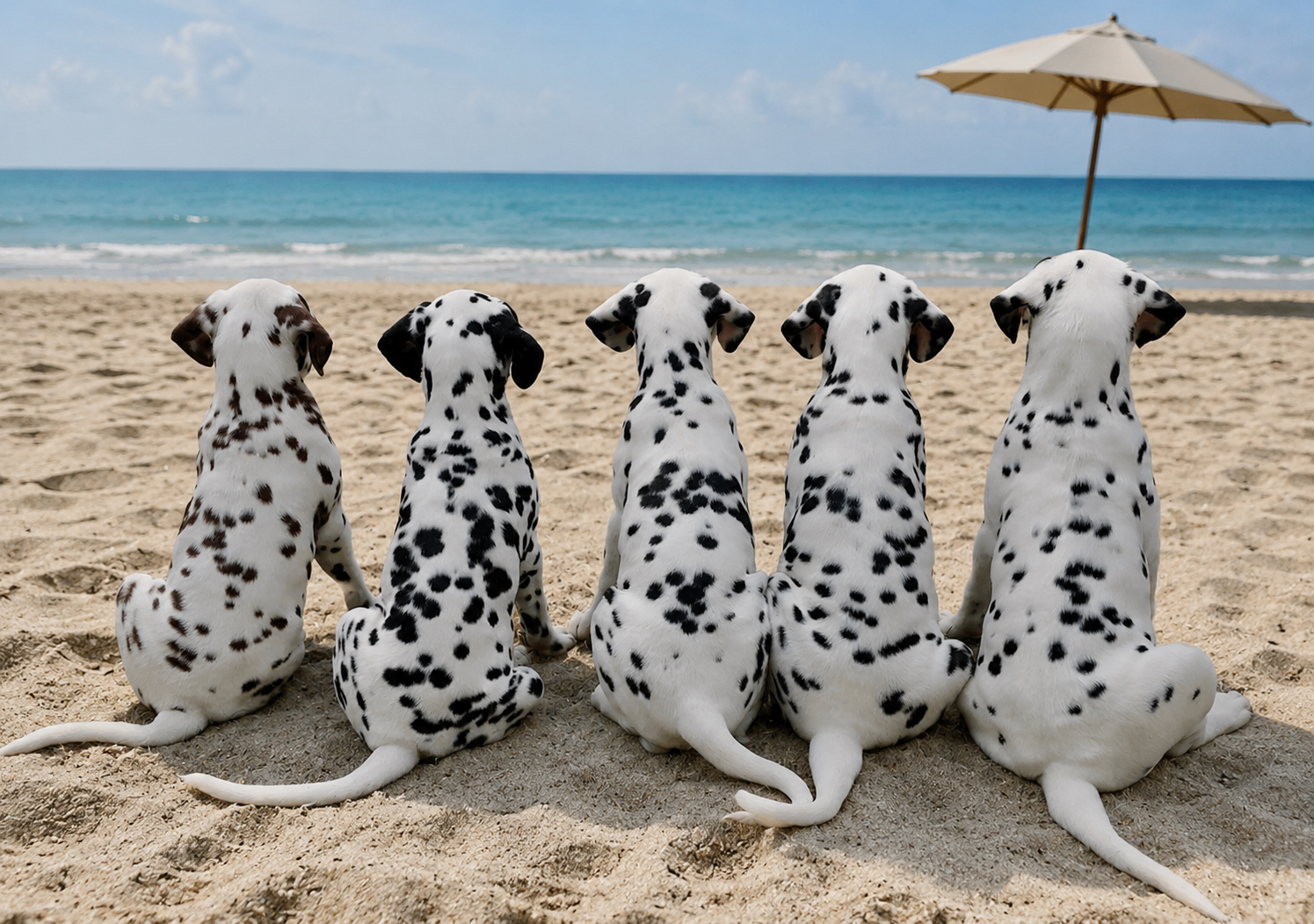 Hundebetreuung im Urlaub: mehrere Hunde entspannen am Strand während ihre Besitzer Ausflüge genießen