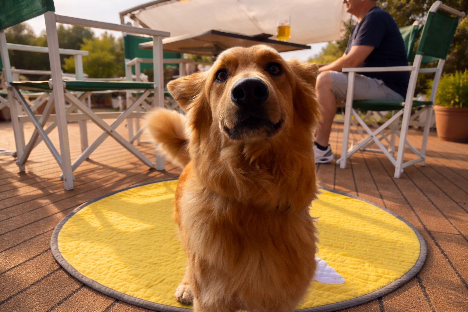 Hund im Hundeauslauf an Bord auf einer Reise - Teil der Leistungen für Hunde im Reise-Spezialpaket mit Betreuung und Bewegungsbereich