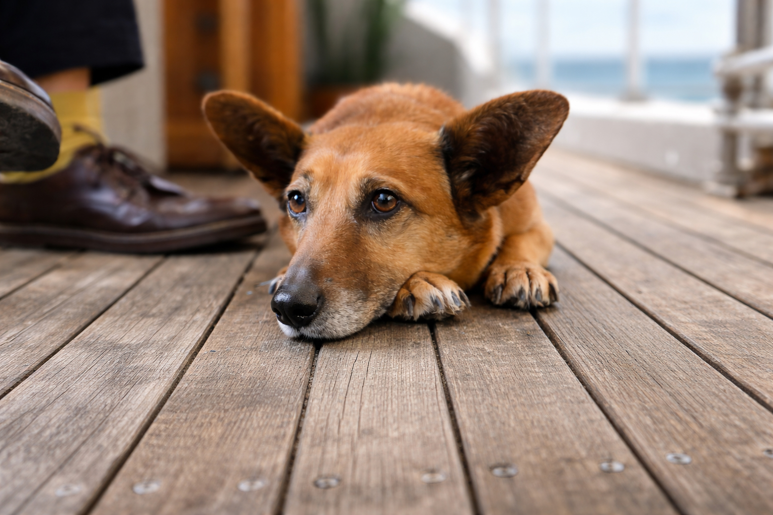Hund liegt erschöpft an Bord auf dem Deck und zeigt typische Anzeichen von Seekrankheit wie Müdigkeit und Unwohlsein während der Reise