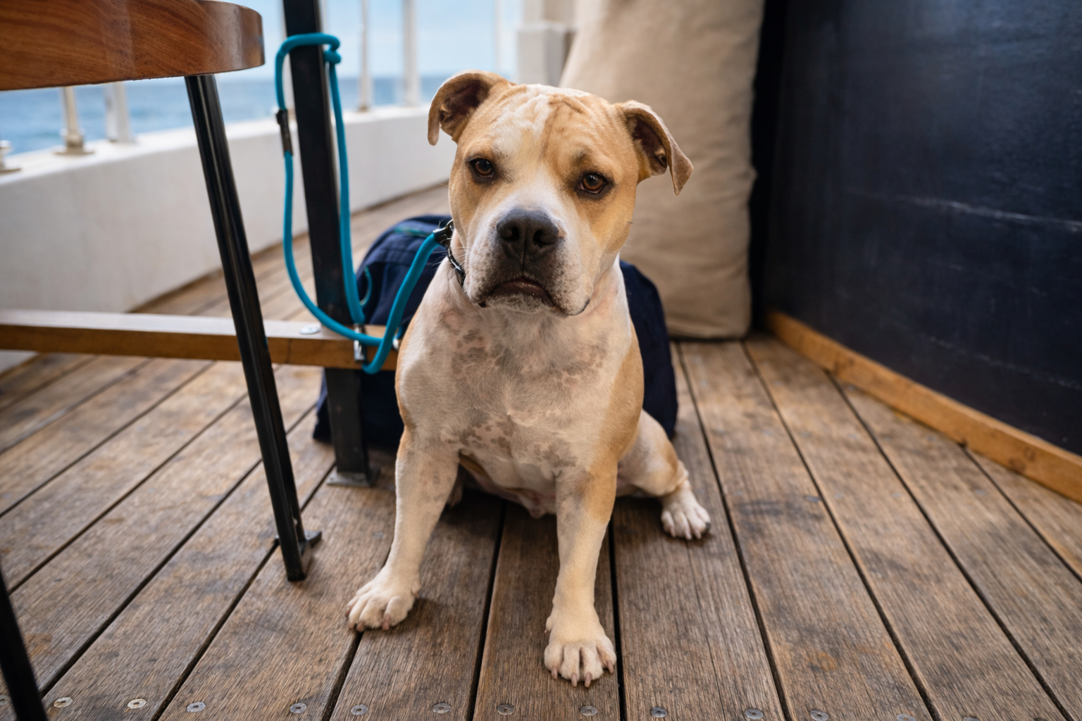 Hund sitzt angespannt an Bord auf dem Deck und zeigt mögliche Anzeichen von Seekrankheit wie Unwohlsein und Unsicherheit während der Reise