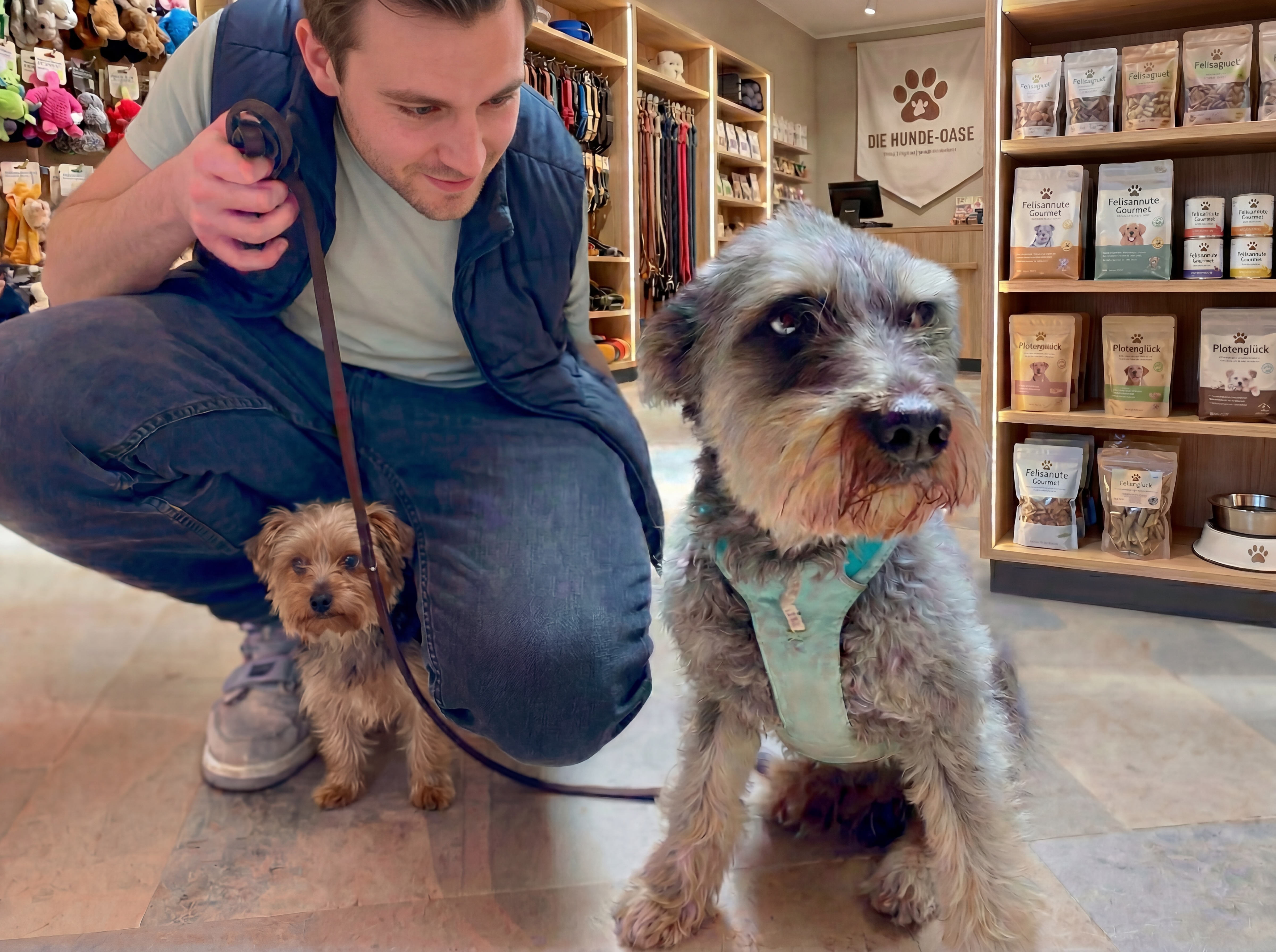 Kunde kniet im Hundefachgeschäft mit zwei Hunden beim Einkauf und Beratung