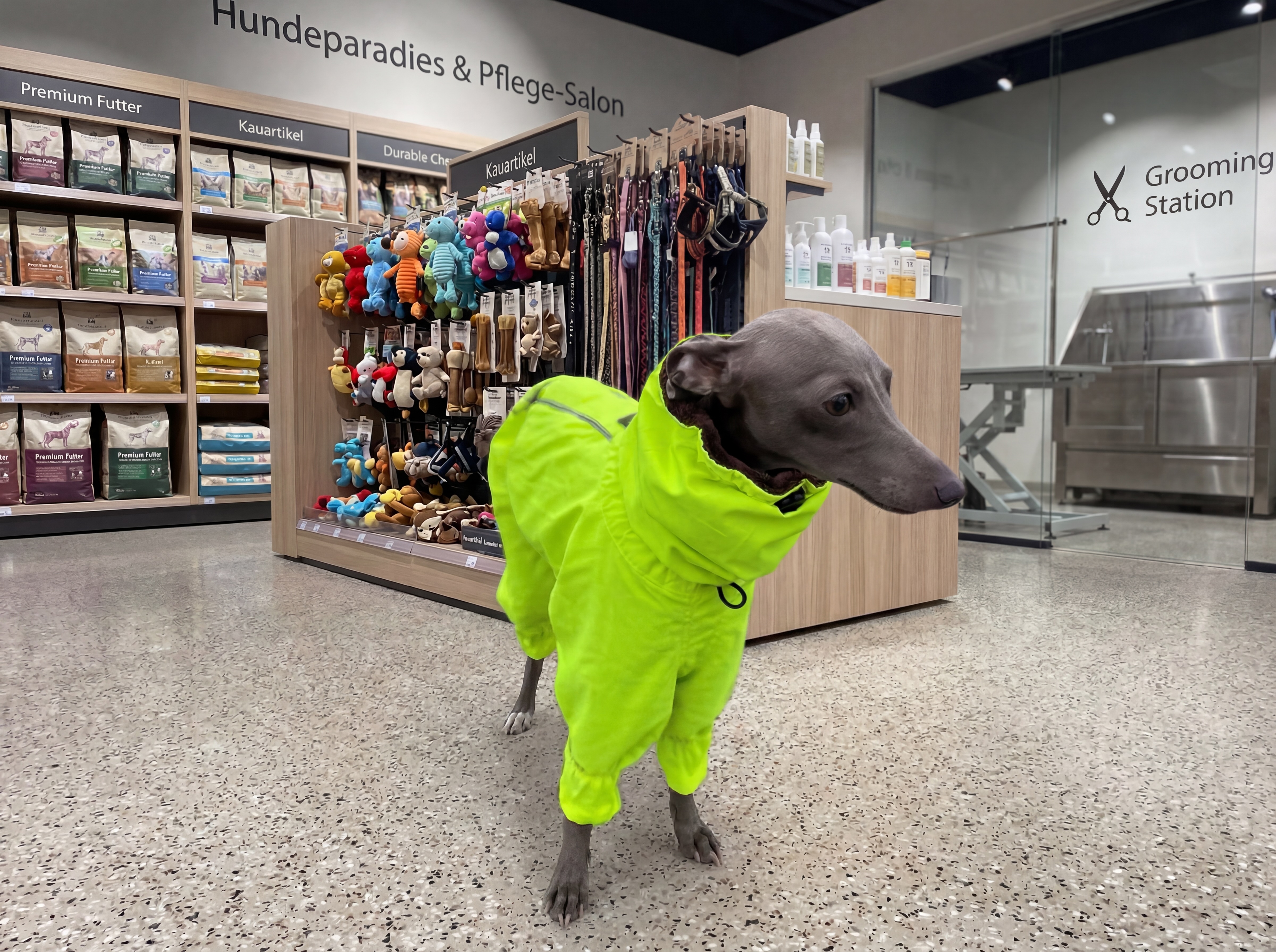 Hund in grünem Mantel in einem modernen Hundefachgeschäft mit Hundeboutique und Pflege-Salon