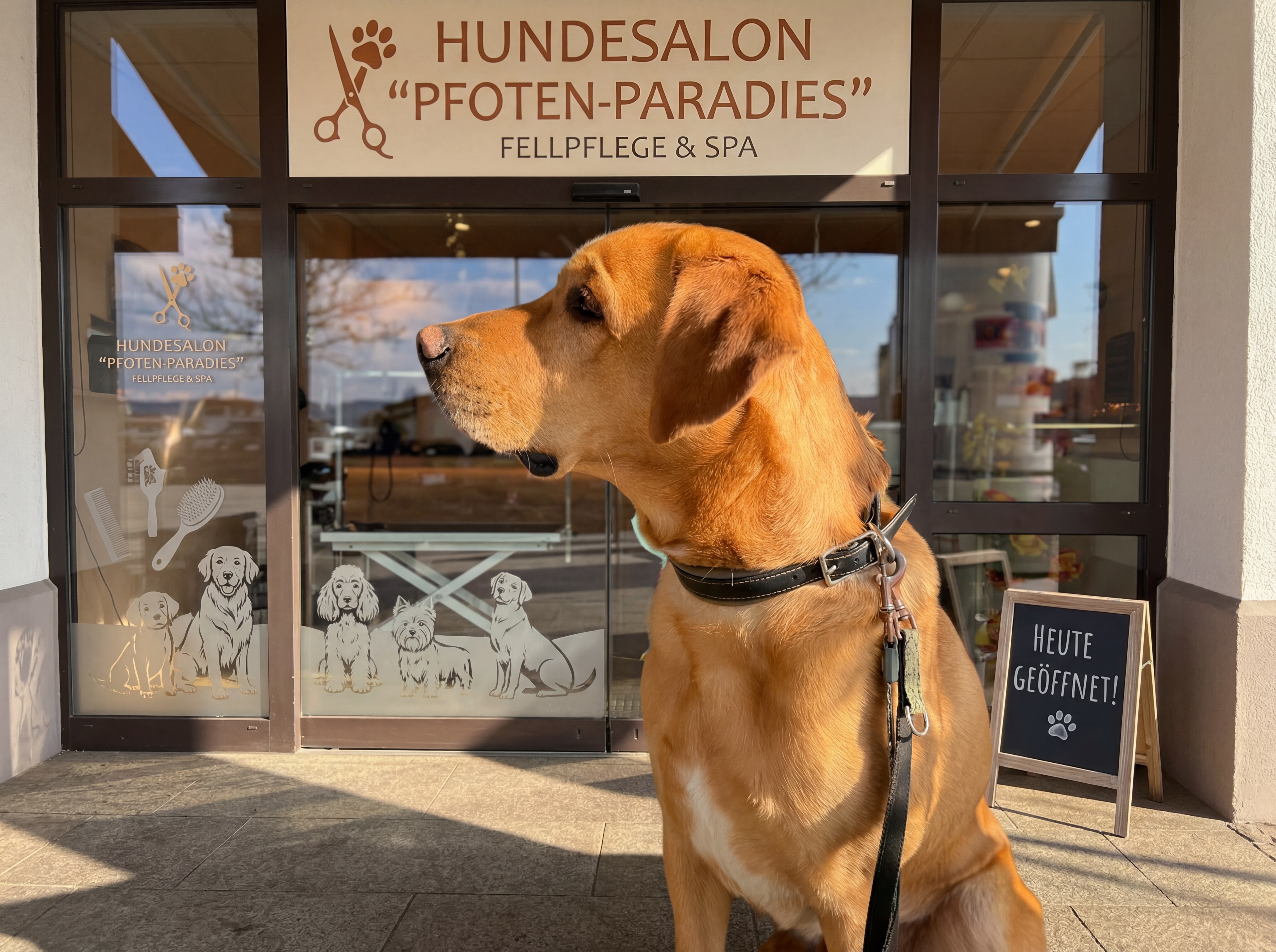 Hund sitzt vor einem Hundesalon mit Schild „Pfoten-Paradies“ und Grooming-Angebot