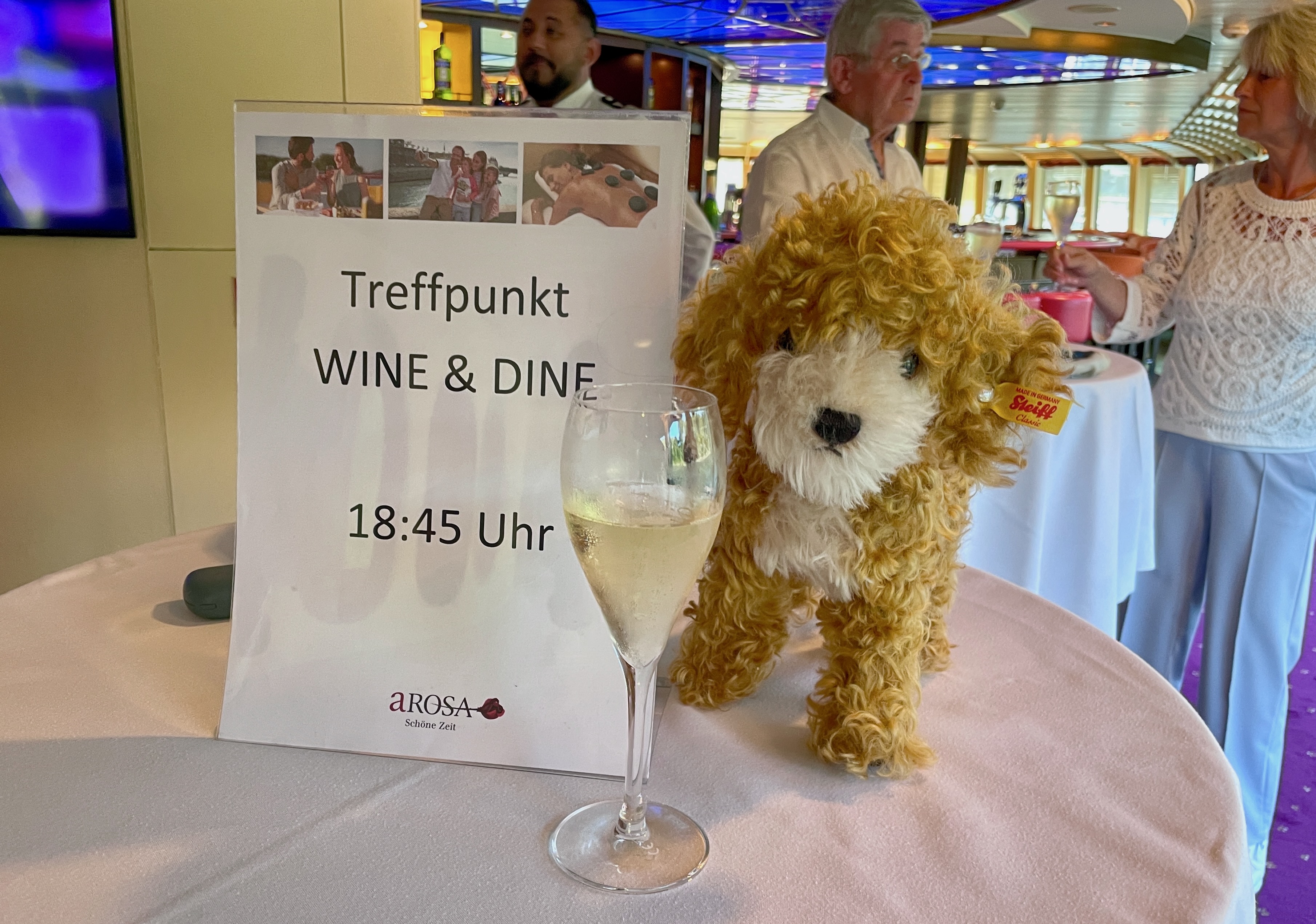 Empfang mit Sekt bei einem Wine & Dine Event auf einer Kreuzfahrt mit Hund, stilvolle Atmosphäre an Bord