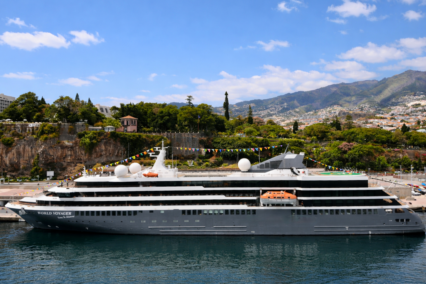 World Navigator Hochseekreuzfahrtschiff im Hafen mit Blick auf Madeira bei einer Kreuzfahrt mit Hund