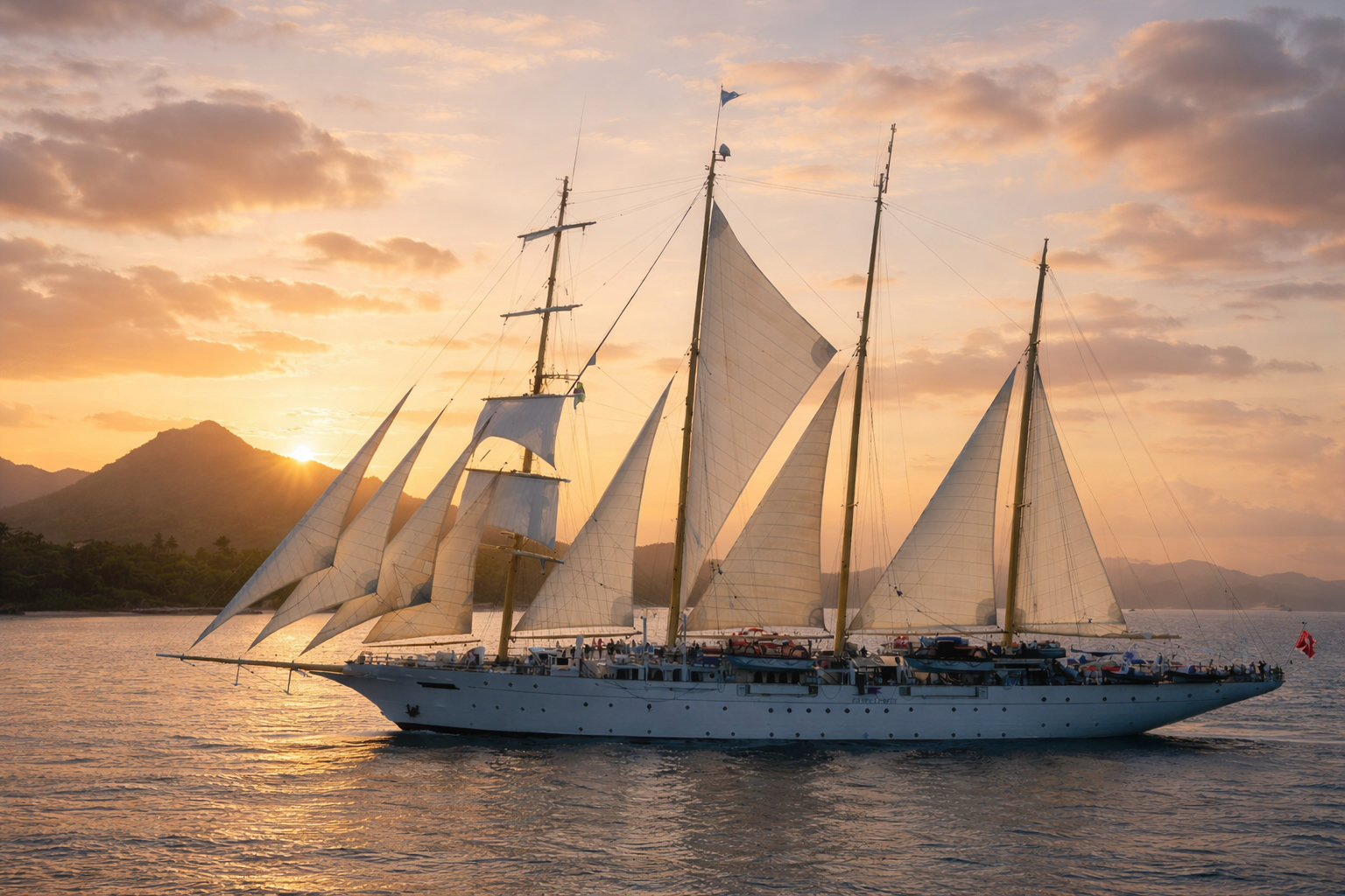 Großes Segelschiff bei Sonnenuntergang auf dem Meer während einer Hundekreuzfahrt