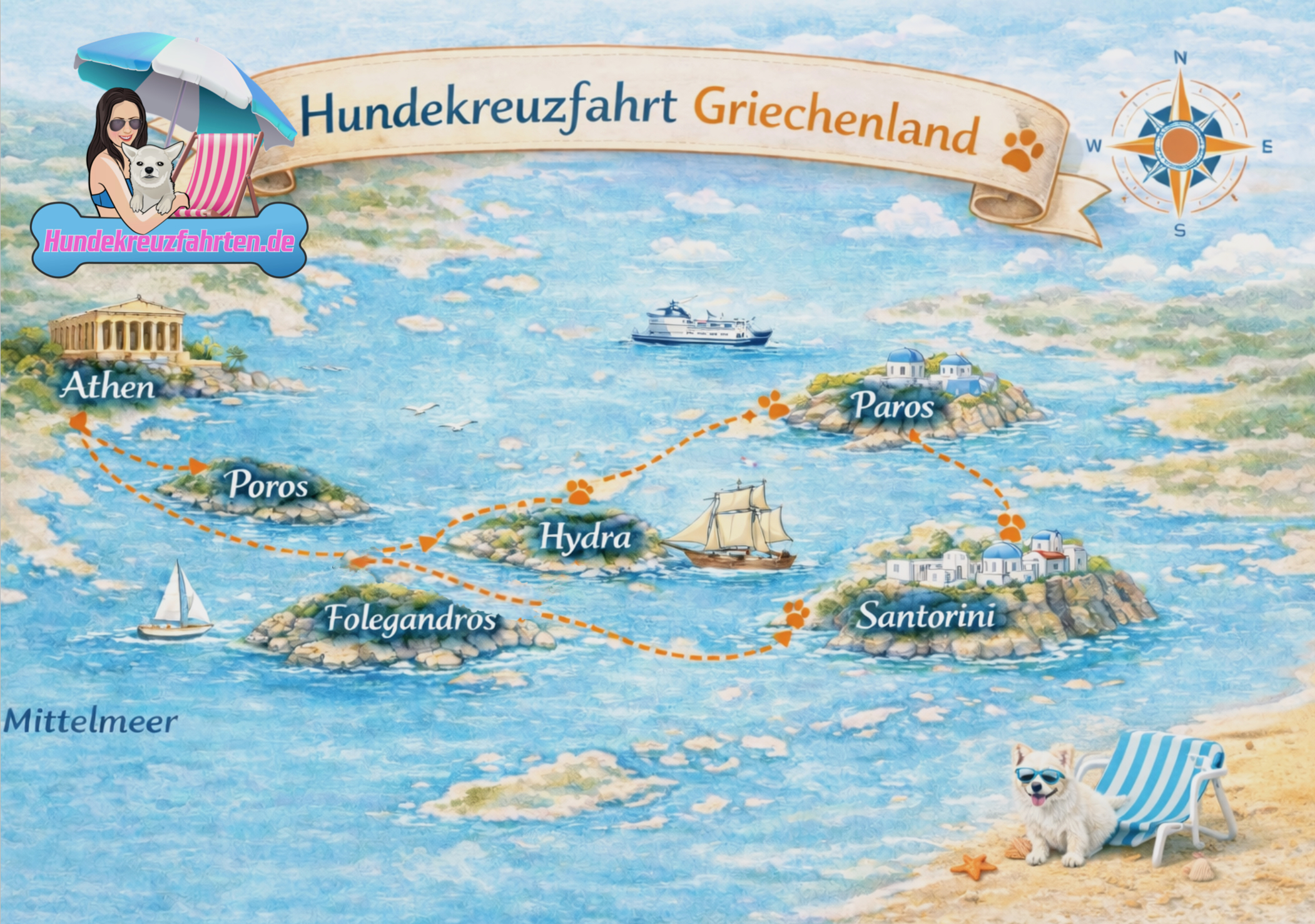 Routenkarte einer Hundekreuzfahrt durch Griechenland mit Hydra, Folegandros, Santorini, Naxos, Paros und Antiparos