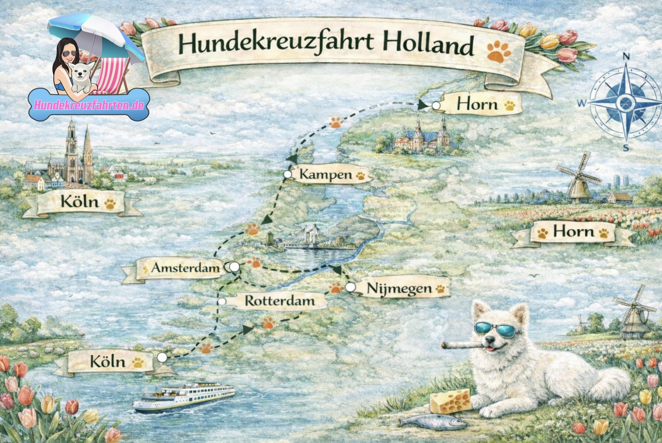 Illustration einer Hundekreuzfahrt durch Holland mit Route über Köln, Nijmegen, Kampen und Hoorn