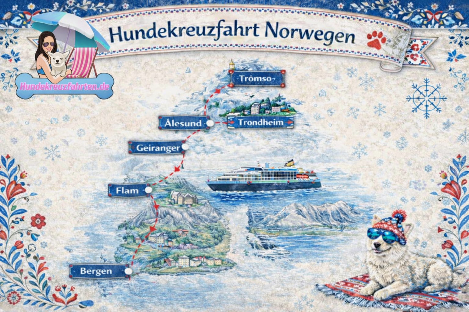 llustration einer Hundekreuzfahrt durch Norwegen Route Geiranger, Flåm, Ålesund, Trondheim und Tromsø